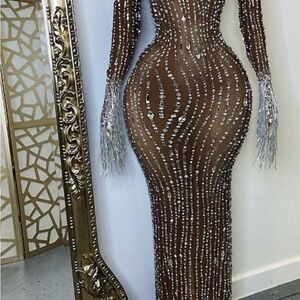 Glamorous Long Sleeve Brown and Silver Dress